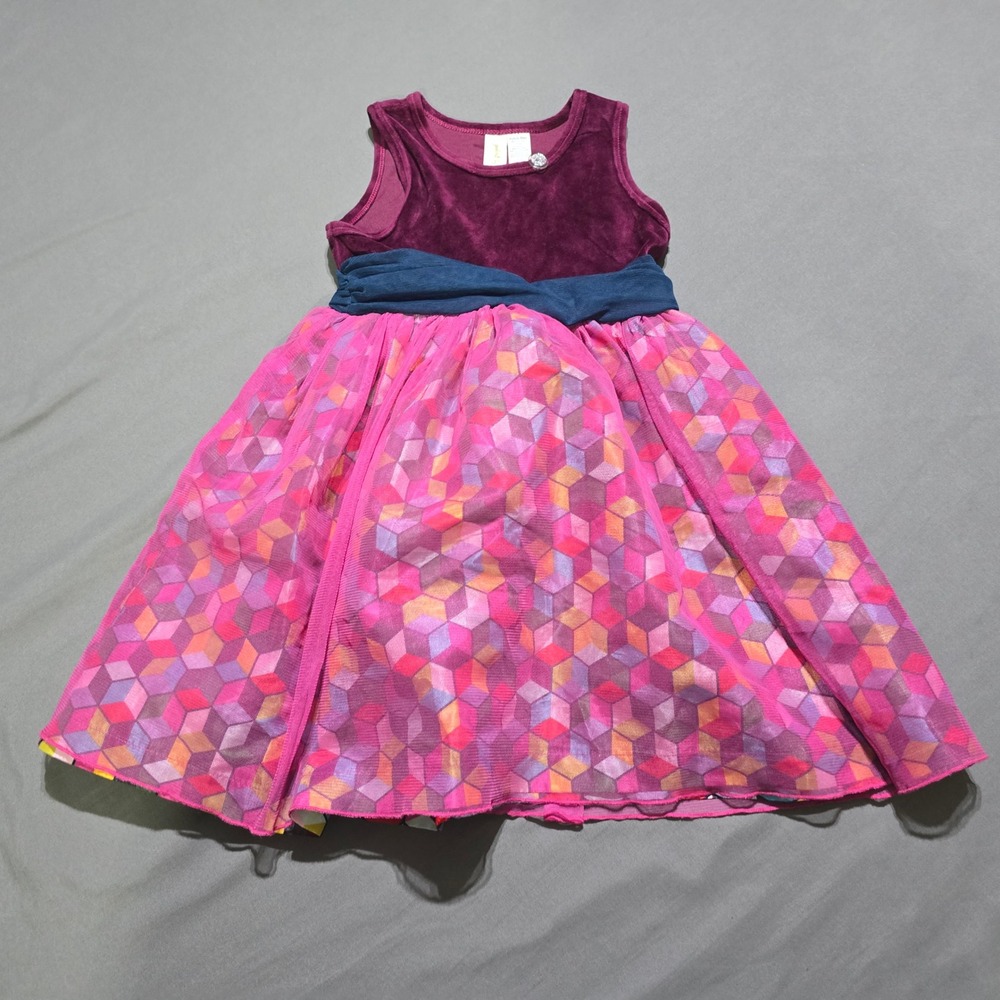 Paint By Numbers Dress Girls 6 Purple Pink Velvet Geometric Tulle D14123